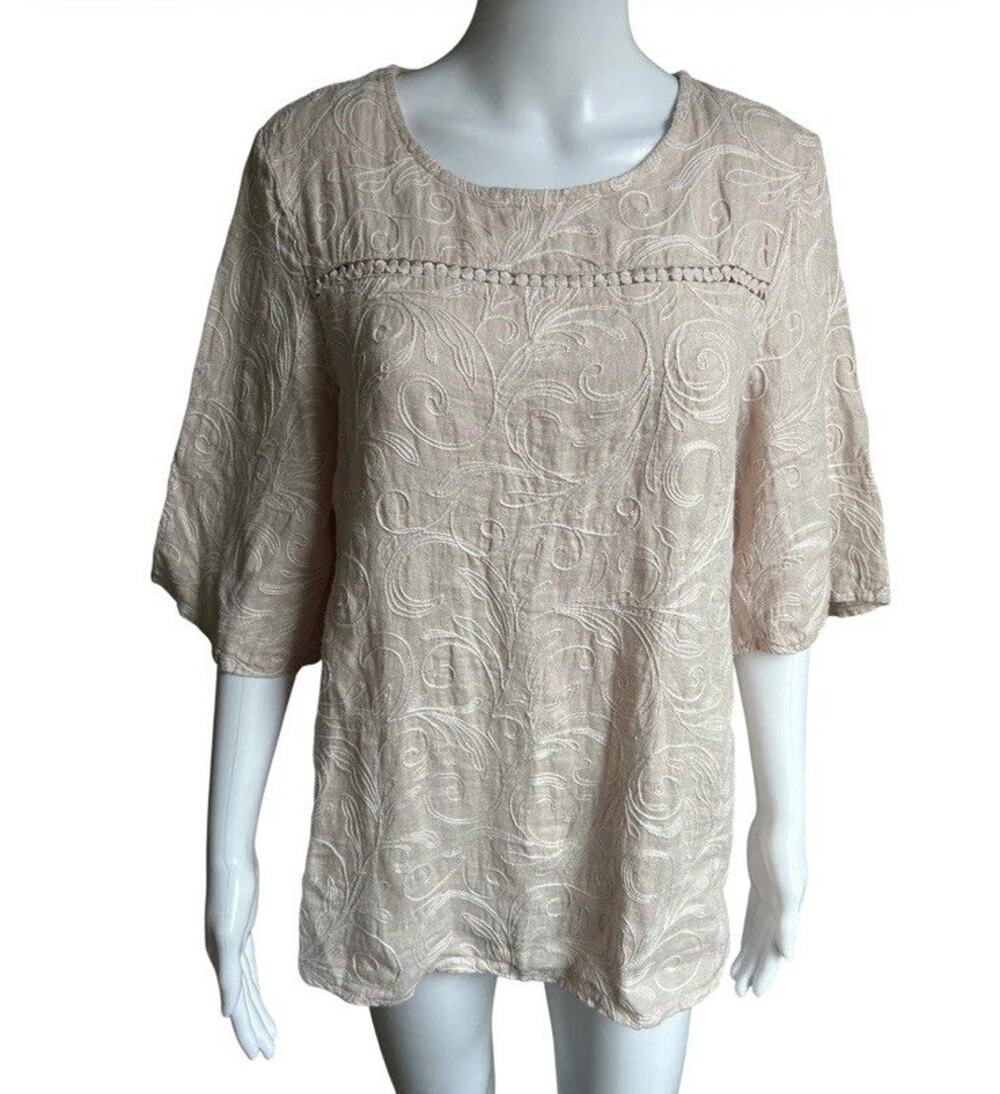 Spighe Di Lino 100% Linen Embroidered Blouse Italy NWT Blush Pink Size M